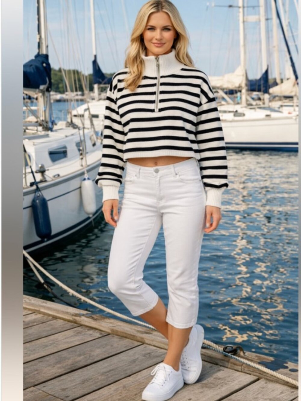 C&C California Women's Size Small Half Zip Sweatshirt White Navy Stripes Cotton